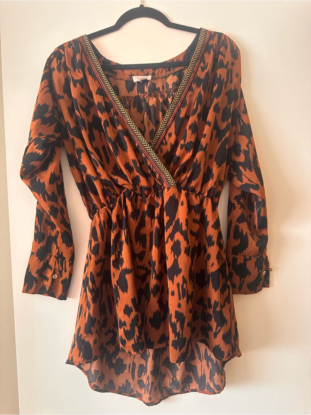 Umgee Black and Rust Animal Print V-Neck Tunic with Trim